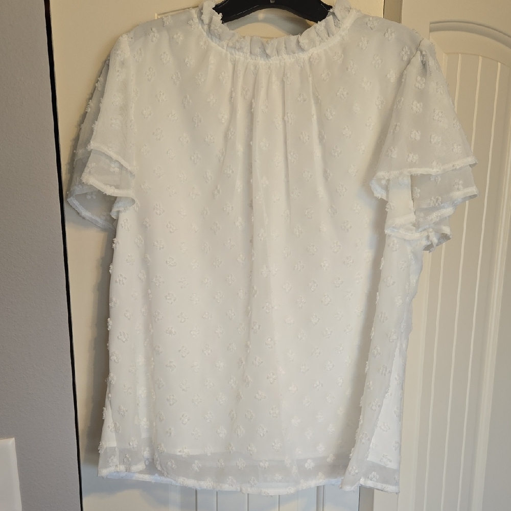 ePretty White Textured Blouse with Ruffle Trim